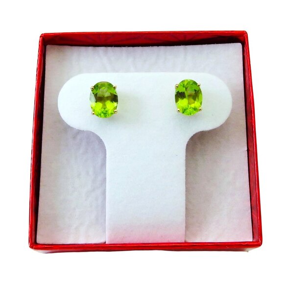 Estate 14K Yellow Gold QCD Genuine Peridot 9X7mm. Oval Stud Earrings - Picture 3 of 9